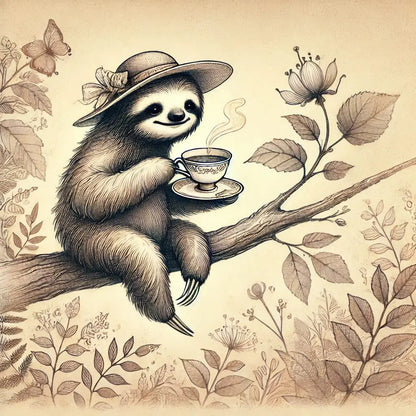 Faultier trinkt aus Tasse in einem botanischen, leicht skizzenhaften Stil