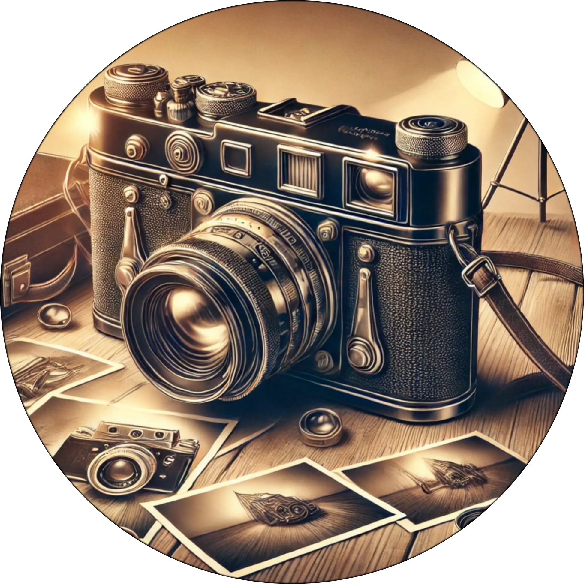 Vintage-Kamera mit Fotos in Nahaufnahme mit Streulicht – Nostalgie trifft Fotografie.