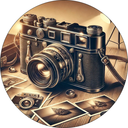 Vintage-Kamera mit Fotos in Nahaufnahme mit Streulicht – Nostalgie trifft Fotografie.