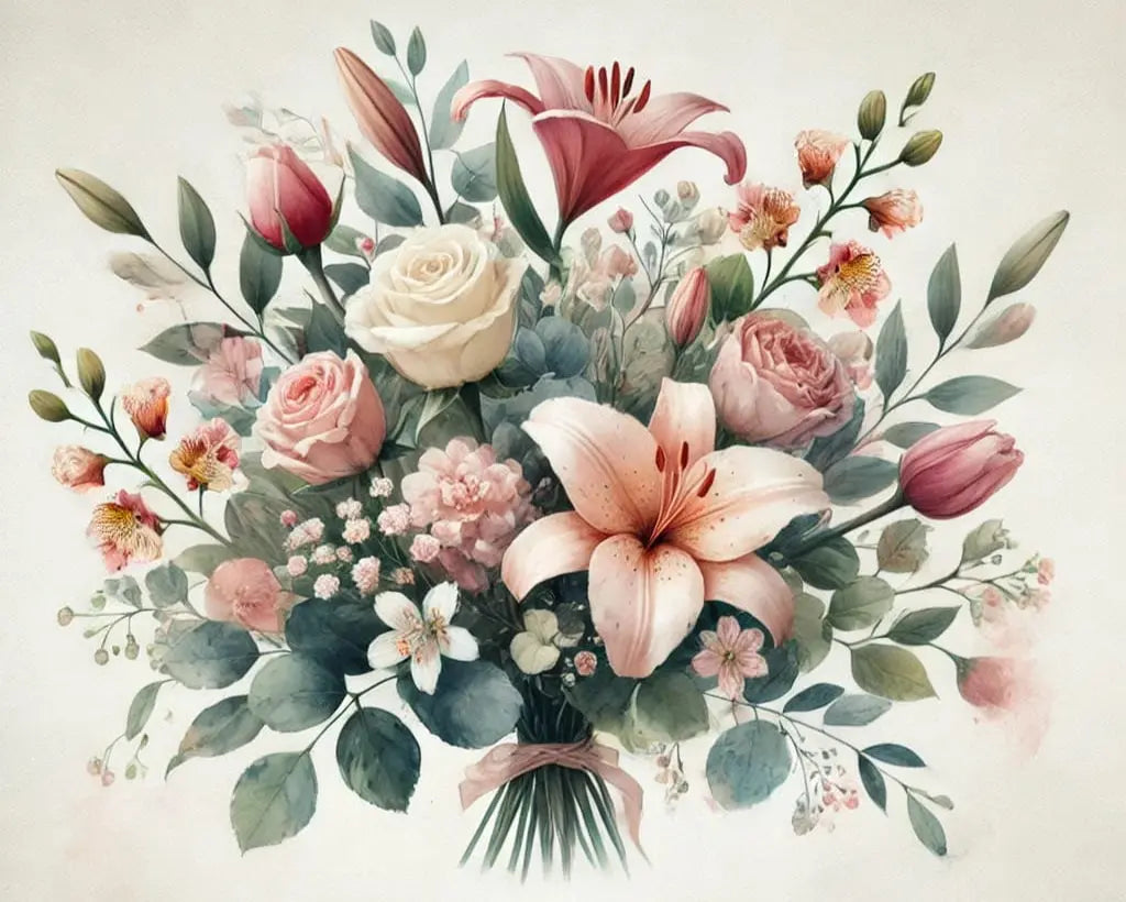 Blumenstrauß im Vintage-Stil mit Mother's Day-Schriftzug – romantisches Arrangement aus Lilien, Rosen und Tulpen in zarten Farben.