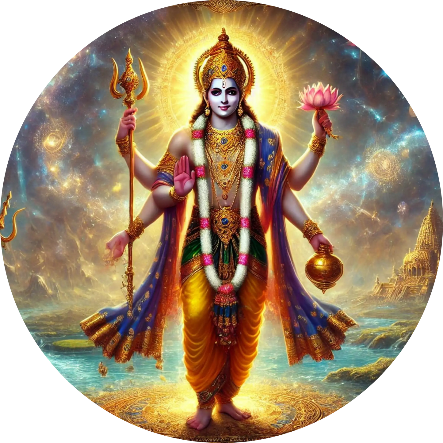 Indische Gottheit Vishnu mit mehreren Armen – in strahlender Farbexplosion dargestellt