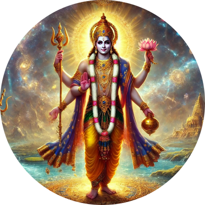 Indische Gottheit Vishnu mit mehreren Armen – in strahlender Farbexplosion dargestellt