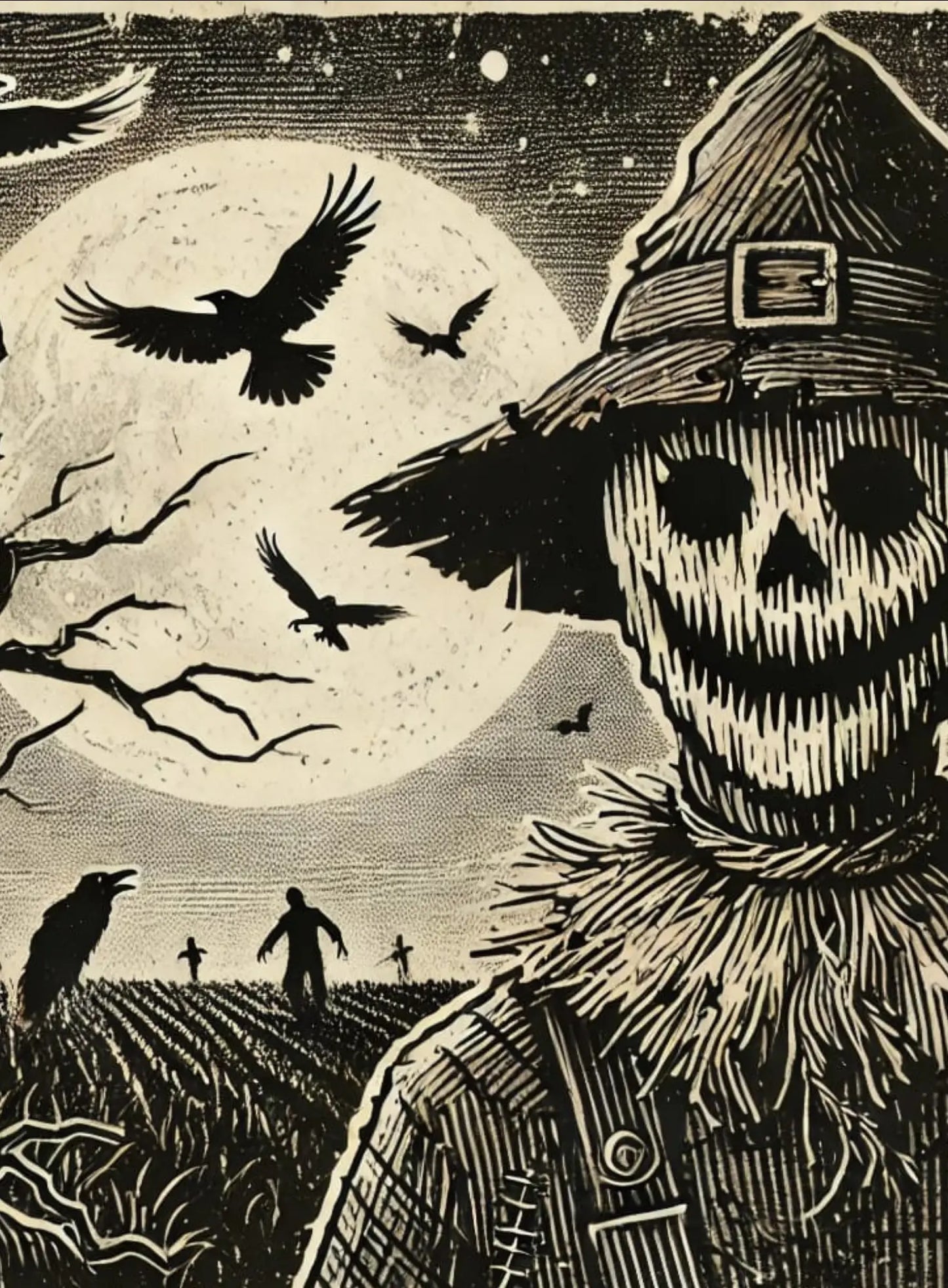 Dämonische Vogelscheuche mit spitzem Hut und grinsendem Gesicht in einem düsteren Feld bei Nacht. Ein Rabe auf der Schulter verstärkt die gespenstische Atmosphäre