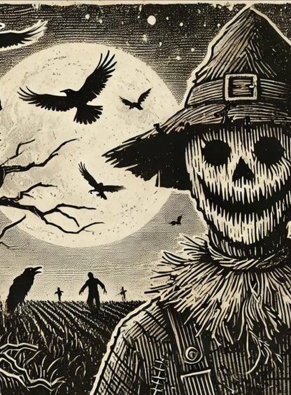 Dämonische Vogelscheuche mit spitzem Hut und grinsendem Gesicht in einem düsteren Feld bei Nacht. Ein Rabe auf der Schulter verstärkt die gespenstische Atmosphäre