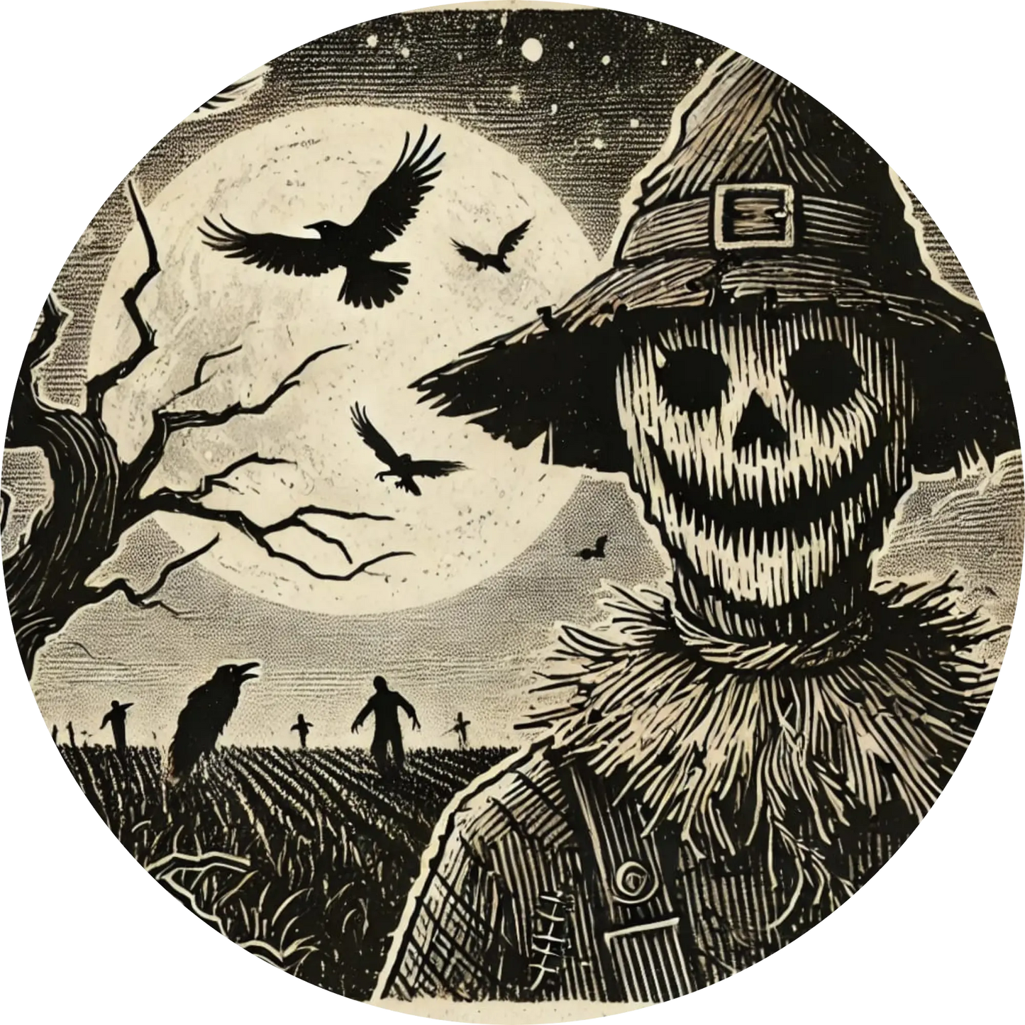 Gruselige Vogelscheuche mit leerem Gesicht und Krähen vor einem düsteren Vollmond
