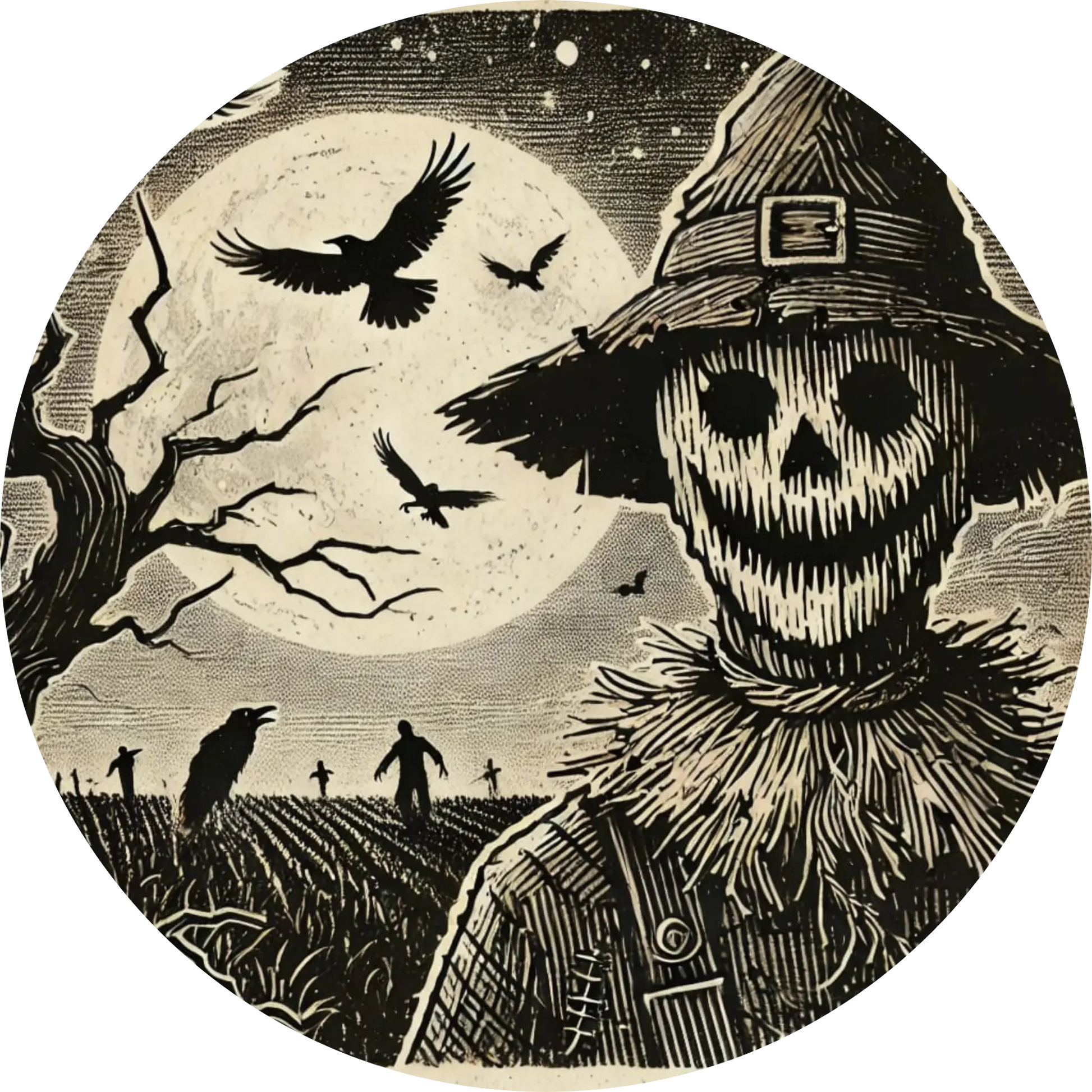 Gruselige Vogelscheuche mit leerem Gesicht und Krähen vor einem düsteren Vollmond
