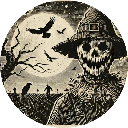 Gruselige Vogelscheuche mit leerem Gesicht und Krähen vor einem düsteren Vollmond
