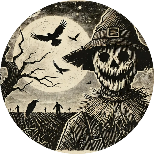 Gruselige Vogelscheuche mit leerem Gesicht und Krähen vor einem düsteren Vollmond
