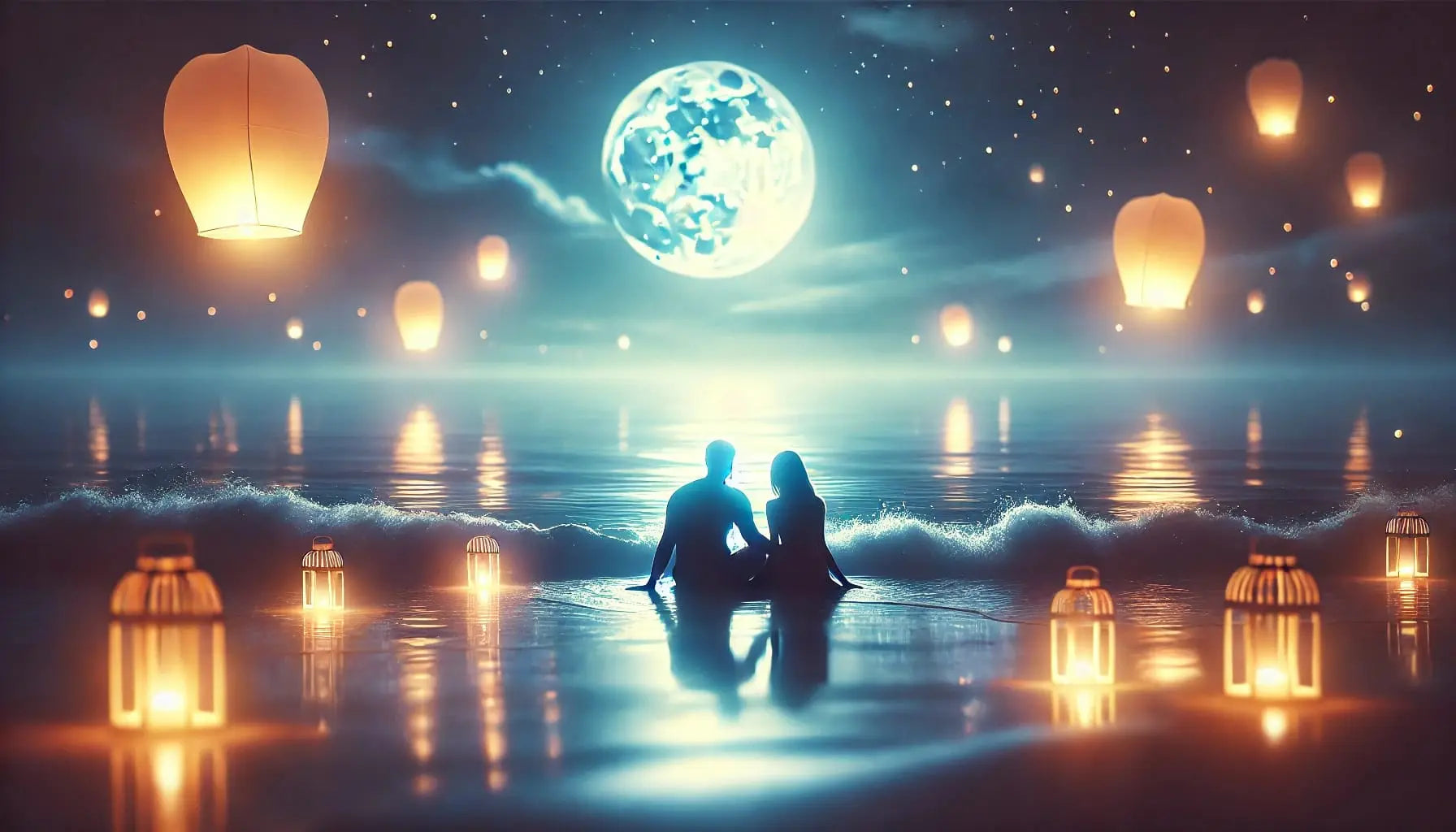 Traumhafte Szene: Paar sitzt am nächtlichen Strand, umgeben von Laternen und beobachtet den hellen Vollmond über dem Meer.