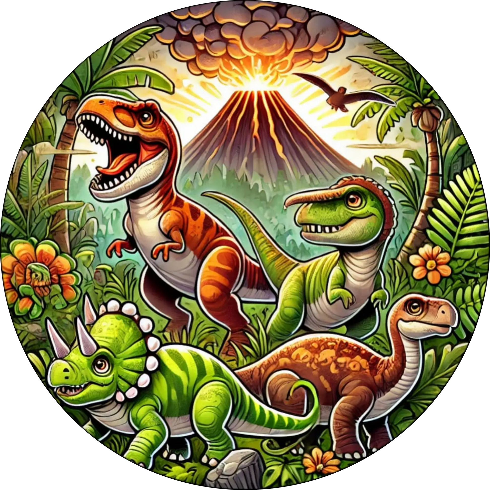 Mehrere Dinosaurierarten in grüner Landschaft mit Vulkankulisse – realistisch, aber kindgerecht