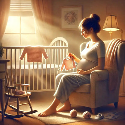 Schwangere Frau strickt ein Babyjäckchen im sanften Morgenlicht, während sie in einem gemütlichen Sessel neben einer Wiege sitzt.