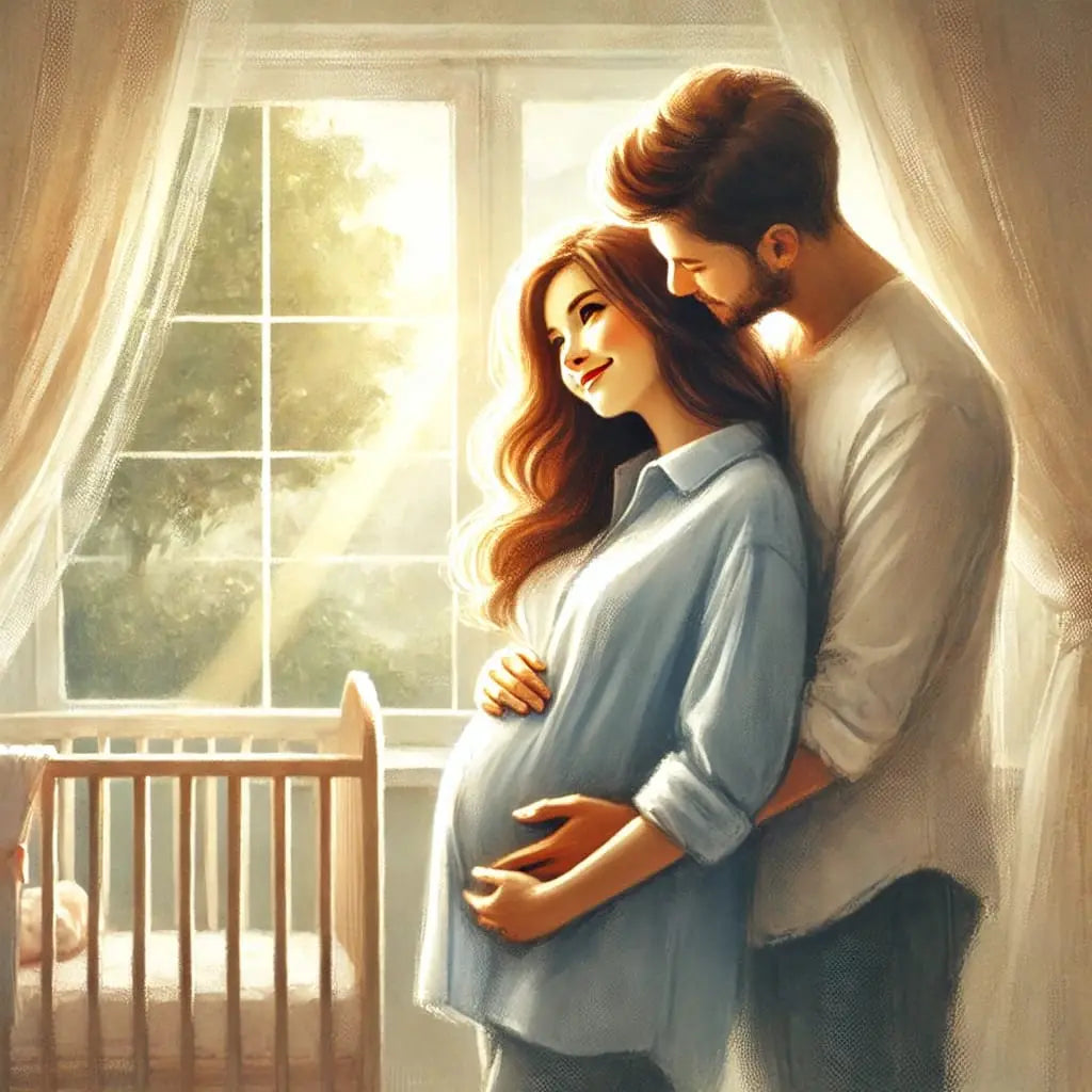 Liebevolles Paar im Babyzimmer – der werdende Vater umarmt die schwangere Frau zärtlich vor dem Kinderbett im Morgenlicht.