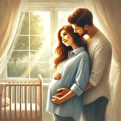 Liebevolles Paar im Babyzimmer – der werdende Vater umarmt die schwangere Frau zärtlich vor dem Kinderbett im Morgenlicht.