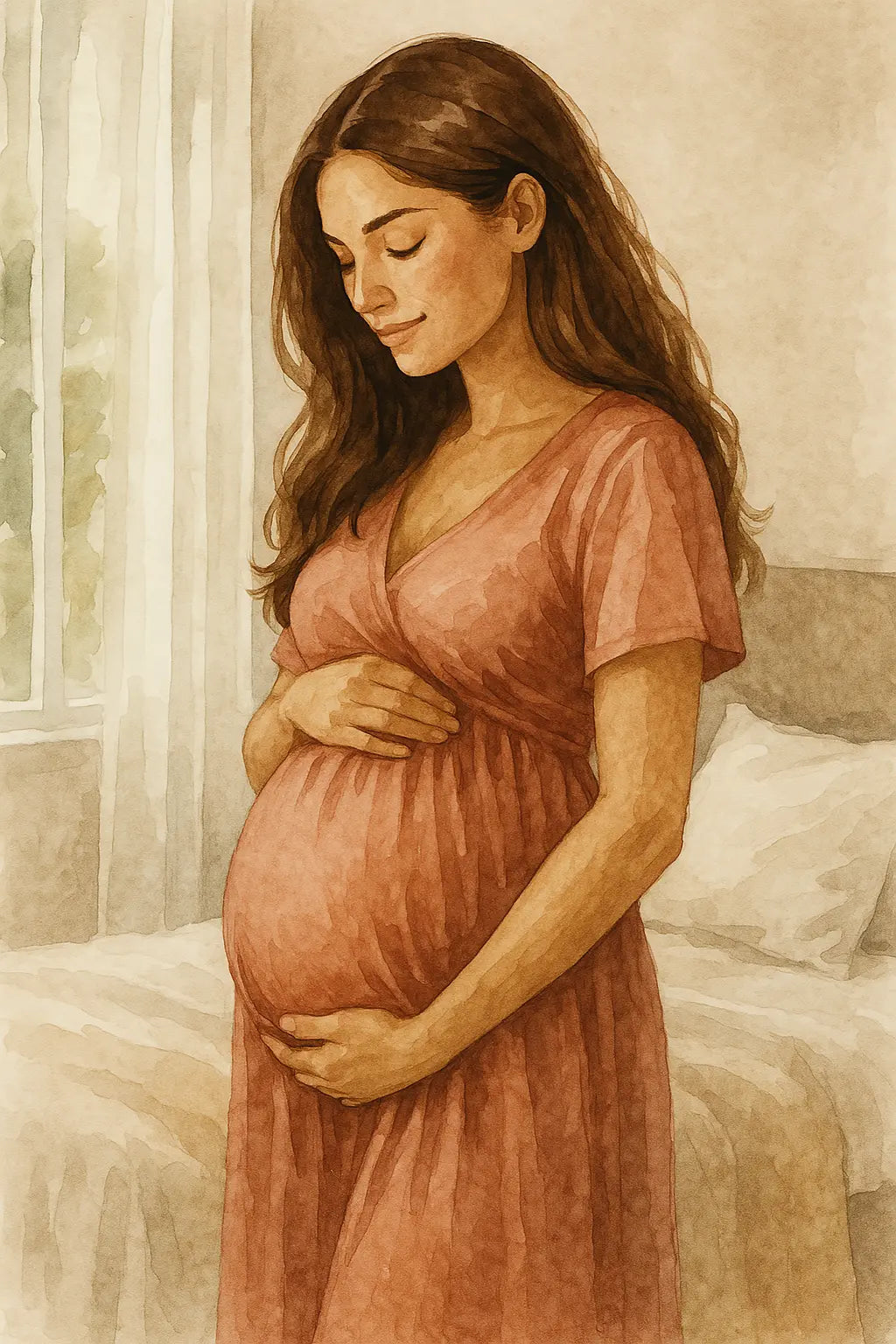 Schwangere Frau im rosa Kleid vor einem Bett – Aquarellillustration mit ruhiger, wohnlicher Atmosphäre.