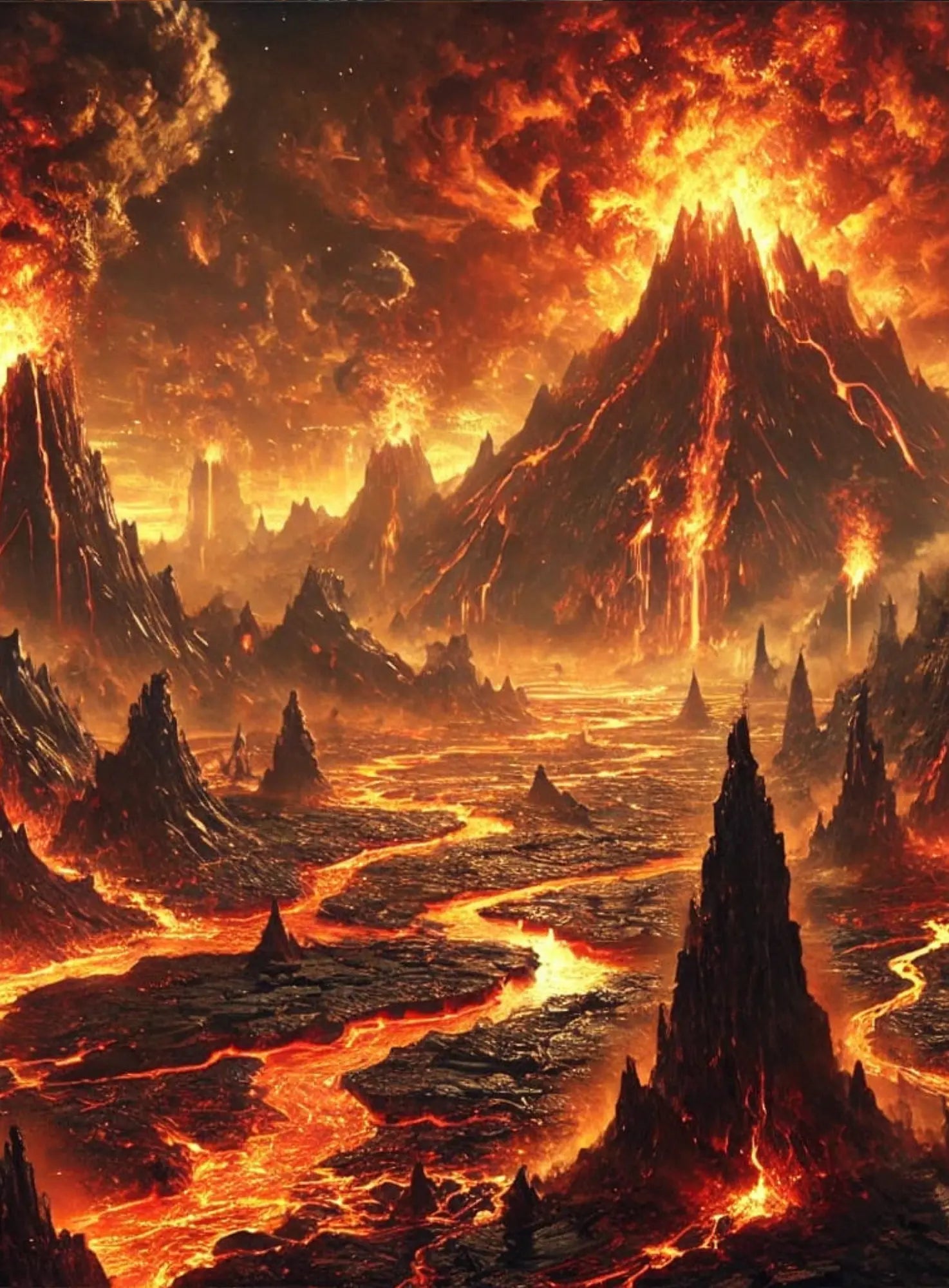 Mystische Vulkanlandschaft mit glühenden Gesteinsformationen – dramatisch, feurig und eindrucksvoll inszeniert.