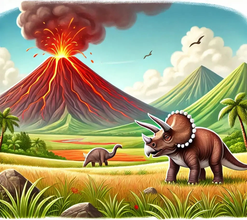 Vulkanausbruch im Hintergrund, Dino läuft über Wiese.