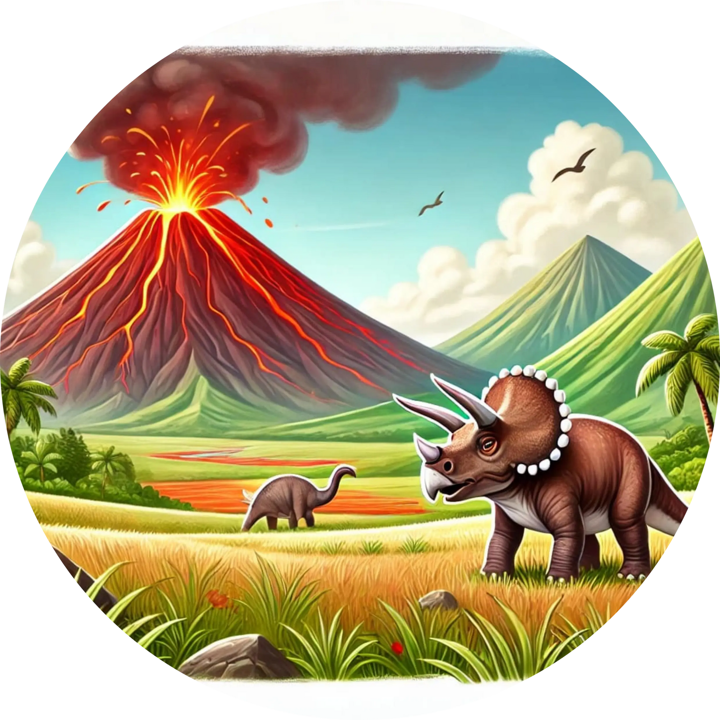  Ausbrechender Vulkan mit Dino auf Wiese – stilisierte Landschaft in Comic-Optik

