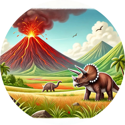  Ausbrechender Vulkan mit Dino auf Wiese – stilisierte Landschaft in Comic-Optik

