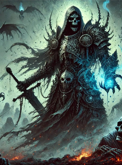 Furchteinflößendes Monster in dunkler Rüstung mit blauen Lichtakzenten, aus der Dunkelheit auftauchend – ein düsterer Wächter.