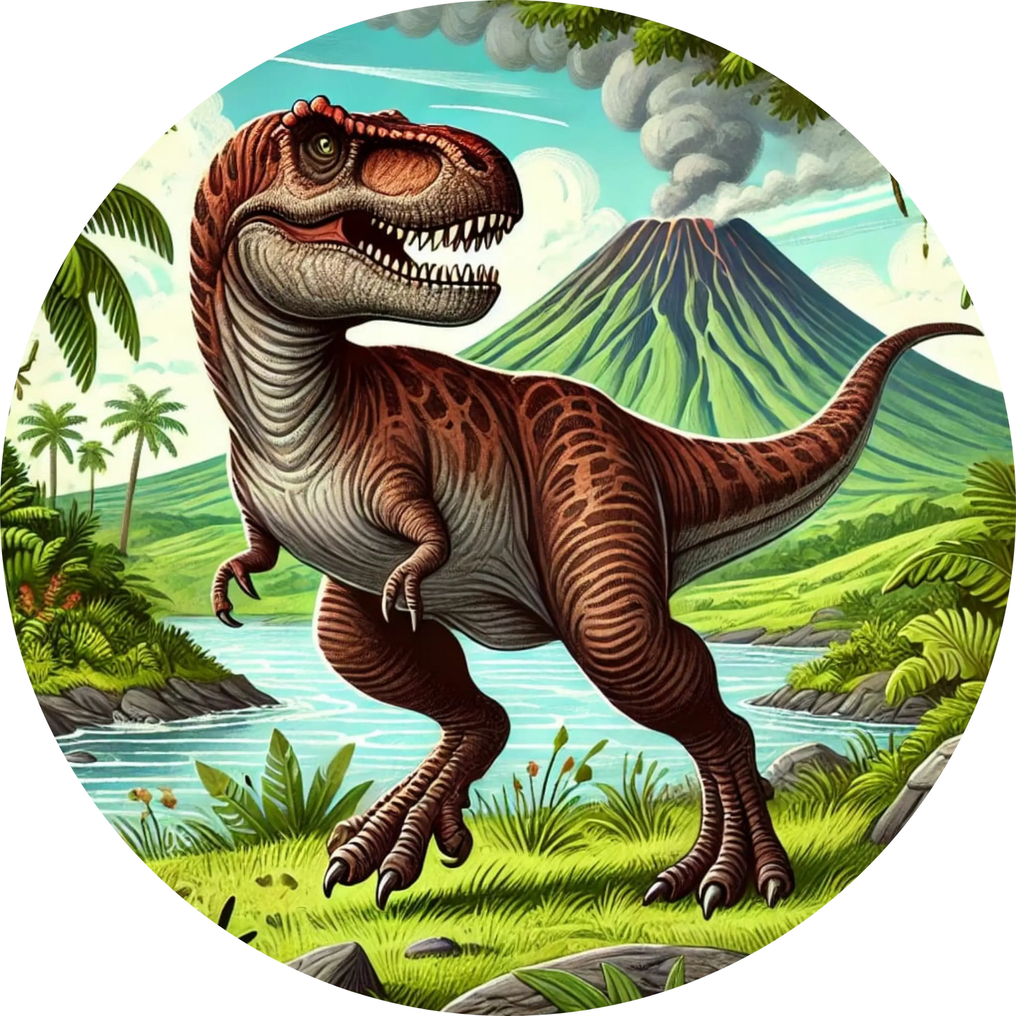 Wütender T-Rex vor Vulkanausbruch – dramatische Szene