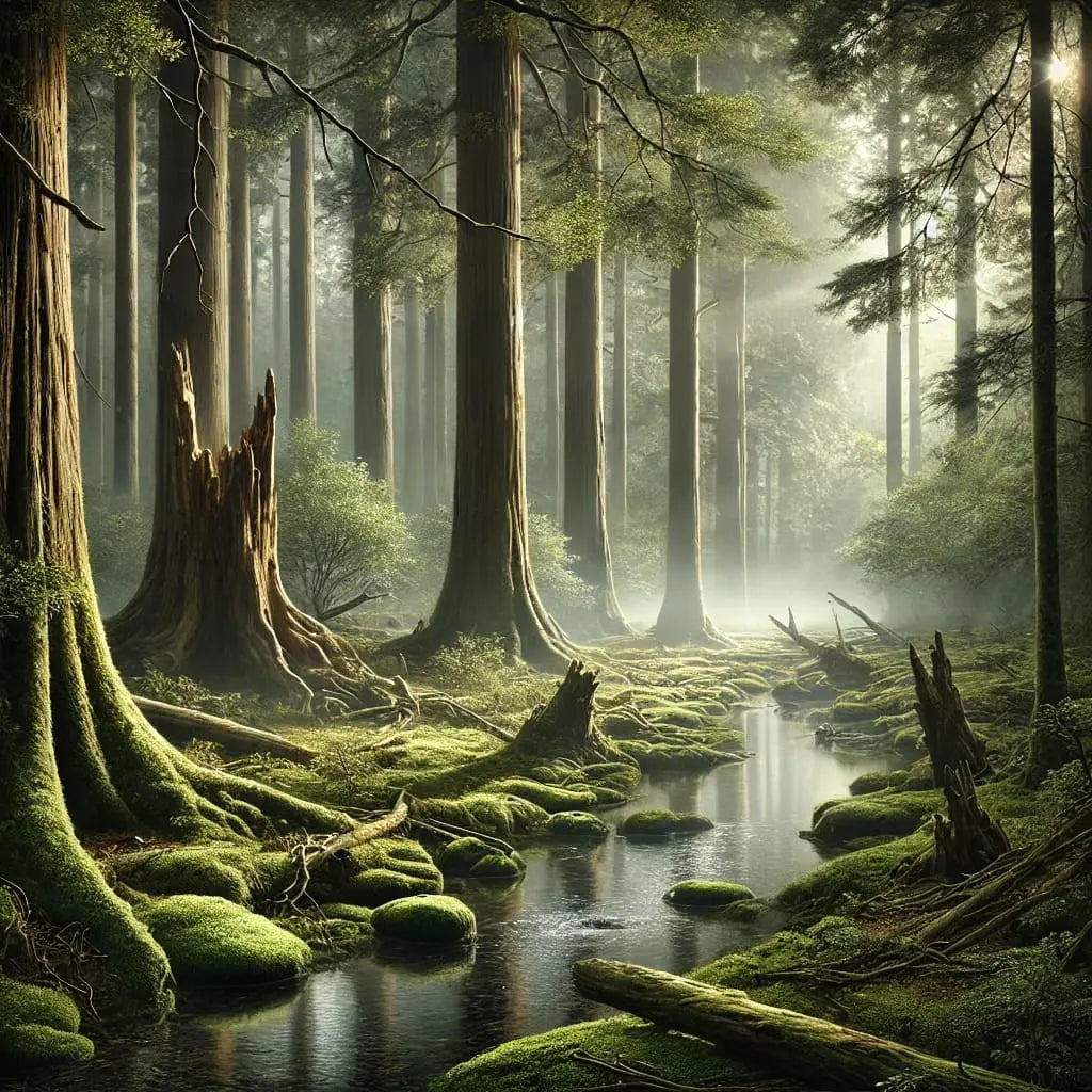 Mystischer Wald mit moosbedeckten Bäumen und Lichtstrahlen