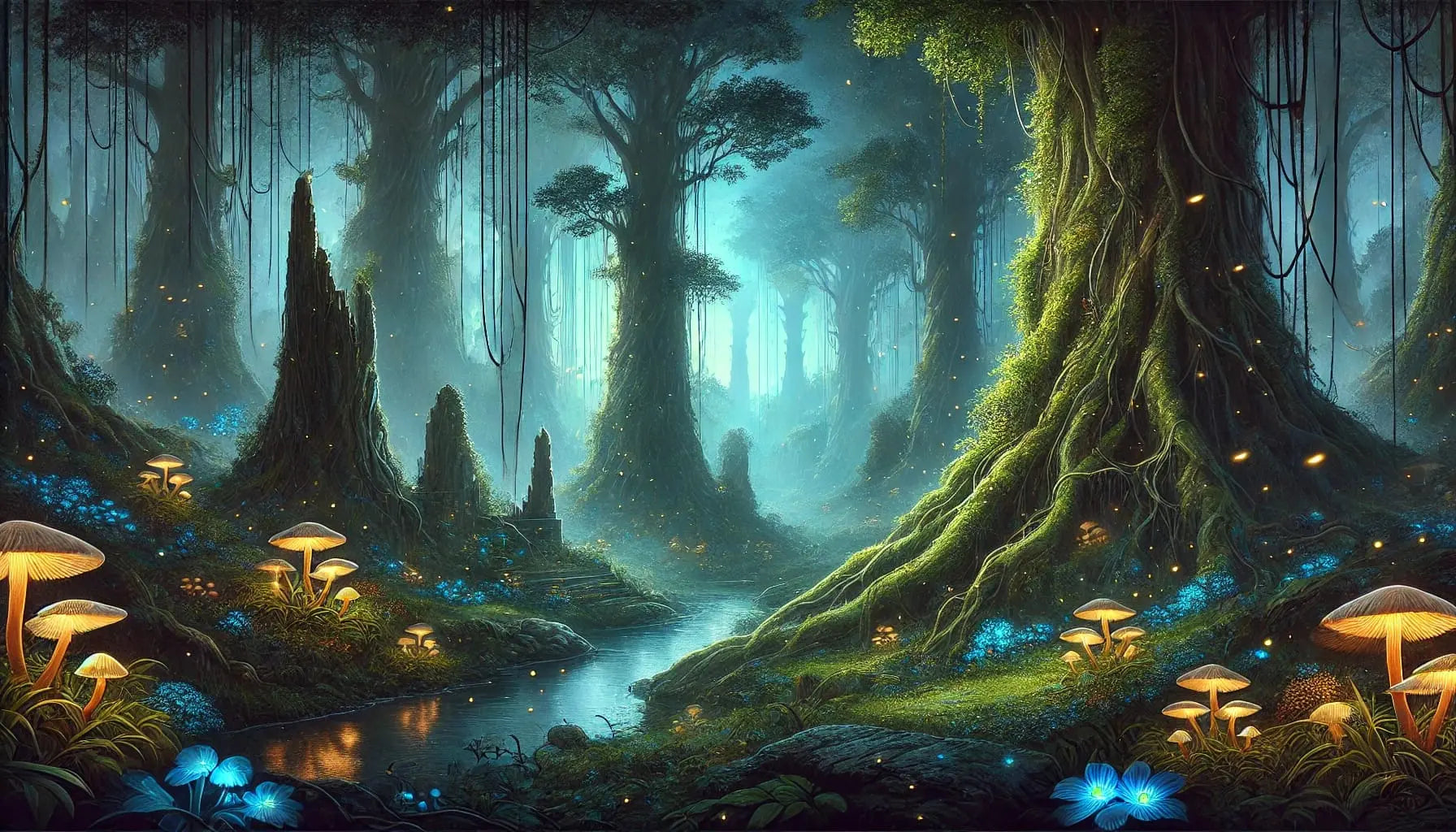 Mystische Waldlandschaft mit leuchtendem Boden und hohen Bäumen