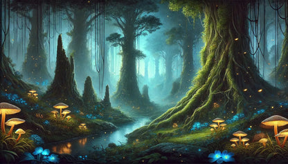 Mystische Waldlandschaft mit leuchtendem Boden und hohen Bäumen