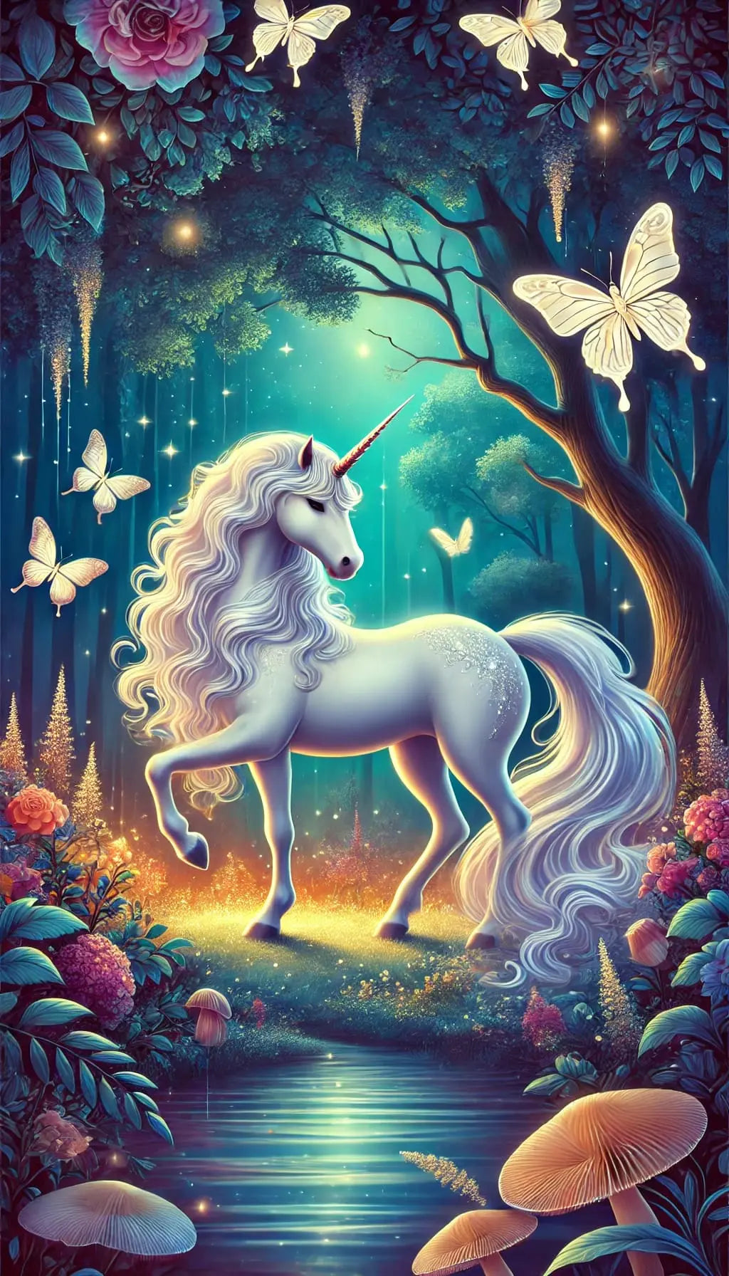 Weißes Einhorn in einer leuchtenden Lichtung mit Schmetterlingen – Ein leuchtendes Einhorn vor einem mystisch schimmernden Hintergrund, umgeben von Schmetterlingen.