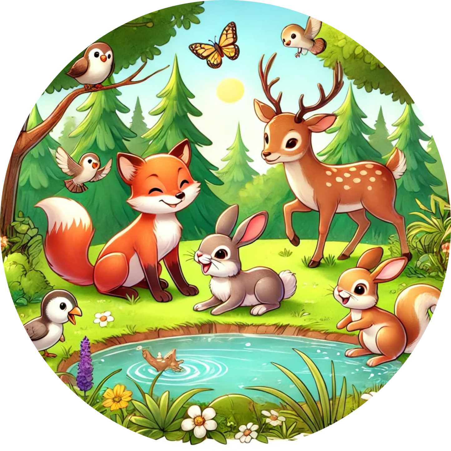 Niedliche Eule mit Küken auf einem Ast, umgeben von grünem Moos und Waldlicht.