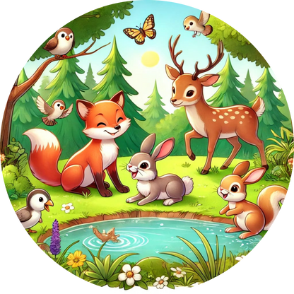 Niedliche Eule mit Küken auf einem Ast, umgeben von grünem Moos und Waldlicht.