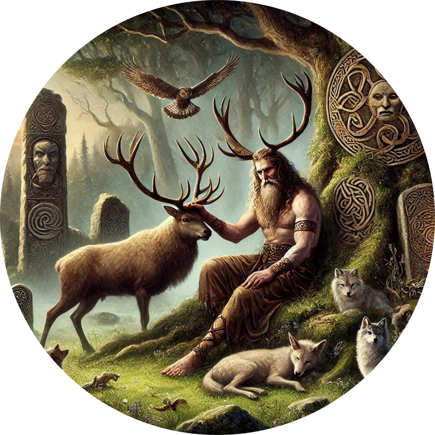 Keltischer Waldgott mit Hirschgeweih sitzt friedlich auf einem mit Moos bewachsenen Stein, umgeben von Waldtieren wie Hirsch, Wölfen und Füchsen. Um ihn herum stehen alte Runensteine mit keltischen Ornamenten, über ihm fliegt ein Adler – eine Szene voller Naturverbundenheit und spiritueller Ruhe.