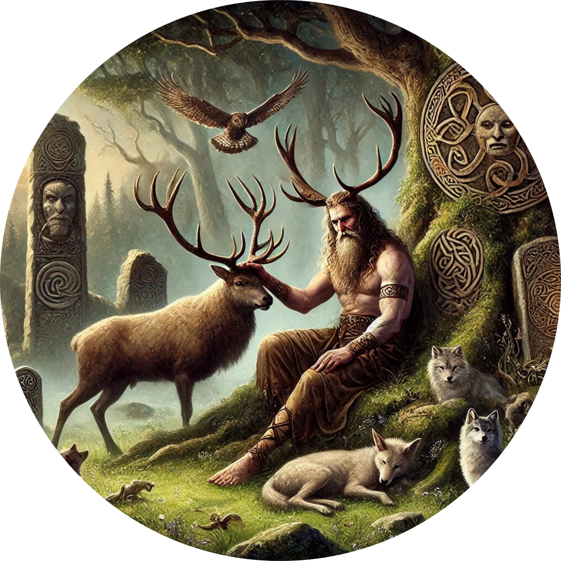 Keltischer Waldgott mit Hirschgeweih sitzt friedlich auf einem mit Moos bewachsenen Stein, umgeben von Waldtieren wie Hirsch, Wölfen und Füchsen. Um ihn herum stehen alte Runensteine mit keltischen Ornamenten, über ihm fliegt ein Adler – eine Szene voller Naturverbundenheit und spiritueller Ruhe.