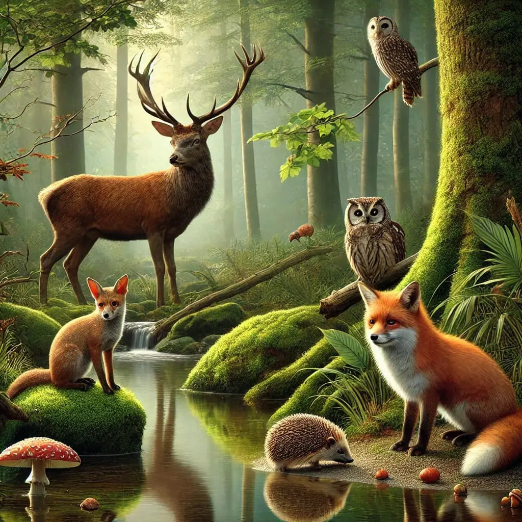 Waldbewohner wie Rehe, Füchse und Hasen in einer Waldlichtung