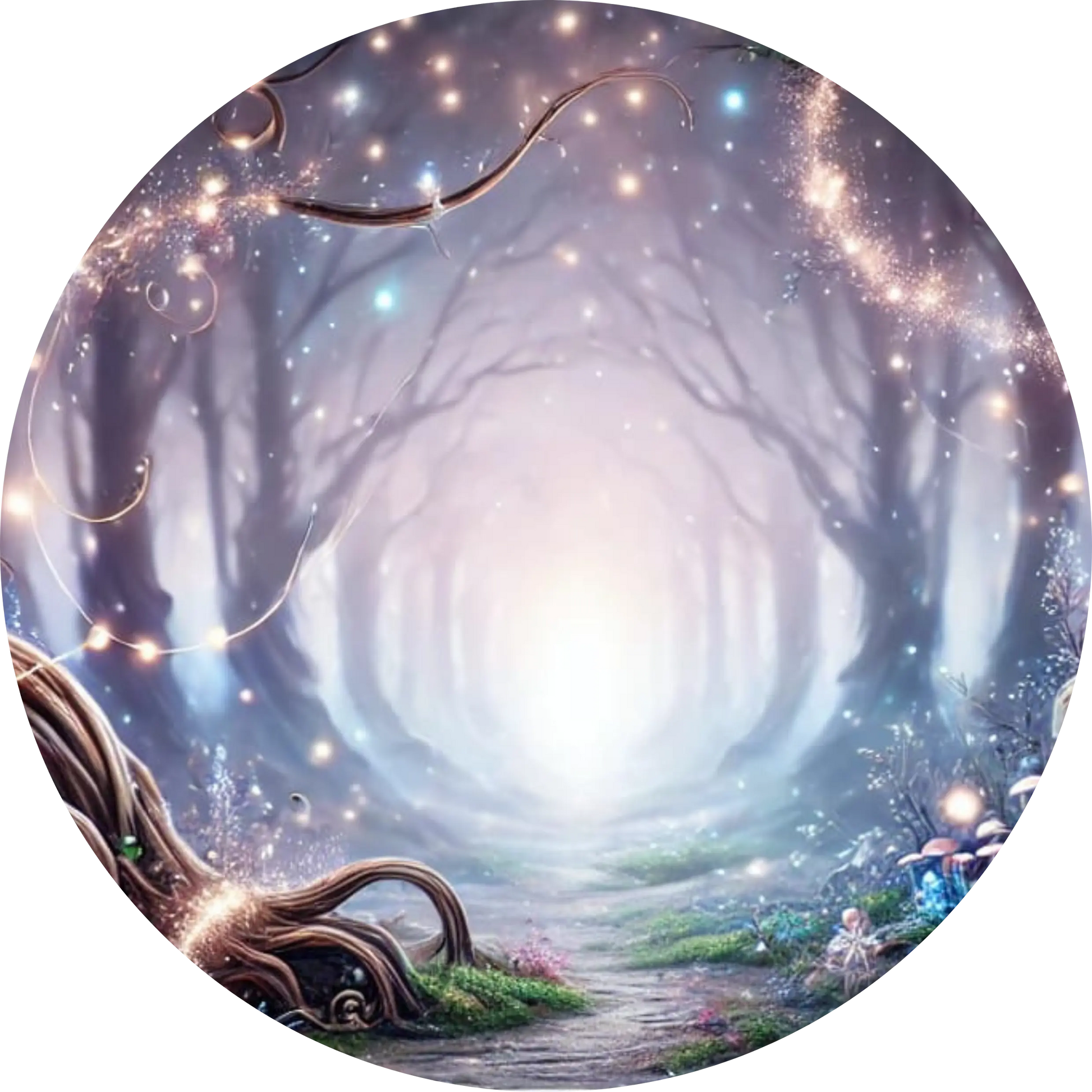 Nebeliger Waldpfad in grau-blauen Tönen mit geheimnisvoller Tiefe