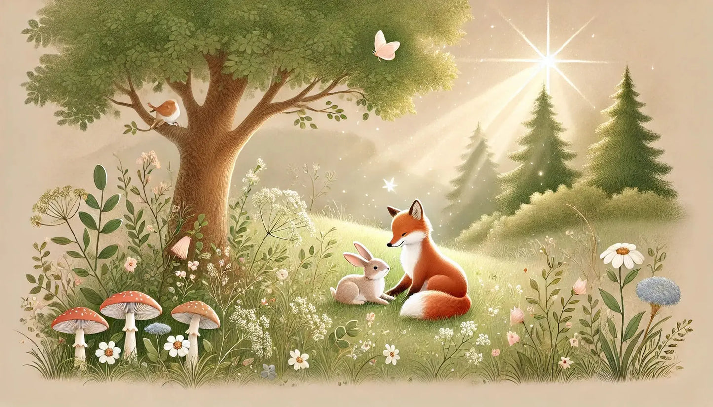 Sanfte Waldszene mit Rehen, Hasen und Vögeln in pastelligen Tönen.