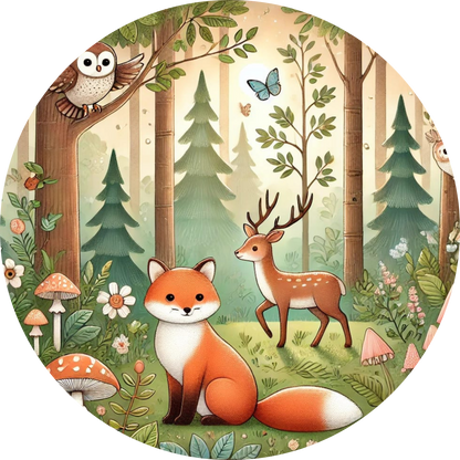 Waldszene mit Fuchs und Reh auf einer Lichtung
