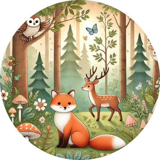 Waldszene mit Fuchs und Reh auf einer Lichtung
