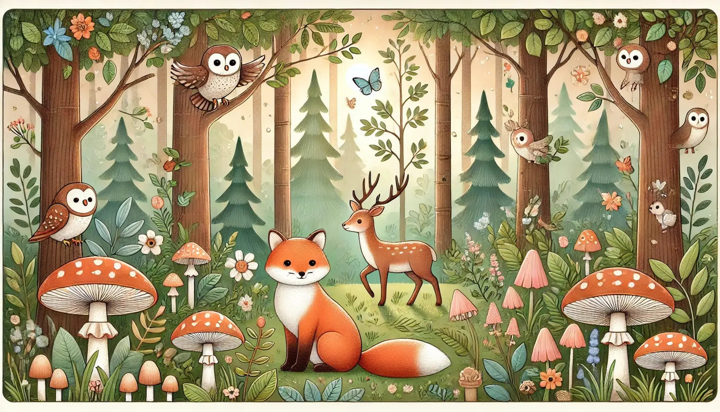 Fuchs, Rehe und andere Waldtiere mitten im Wald. Im Vordergrund stehen viele Pilze.