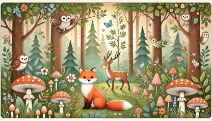 Fuchs, Rehe und andere Waldtiere mitten im Wald. Im Vordergrund stehen viele Pilze.