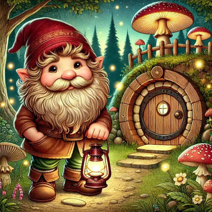 Freundlicher Waldzwerg vor Pilzhaus mit Laterne in der Hand