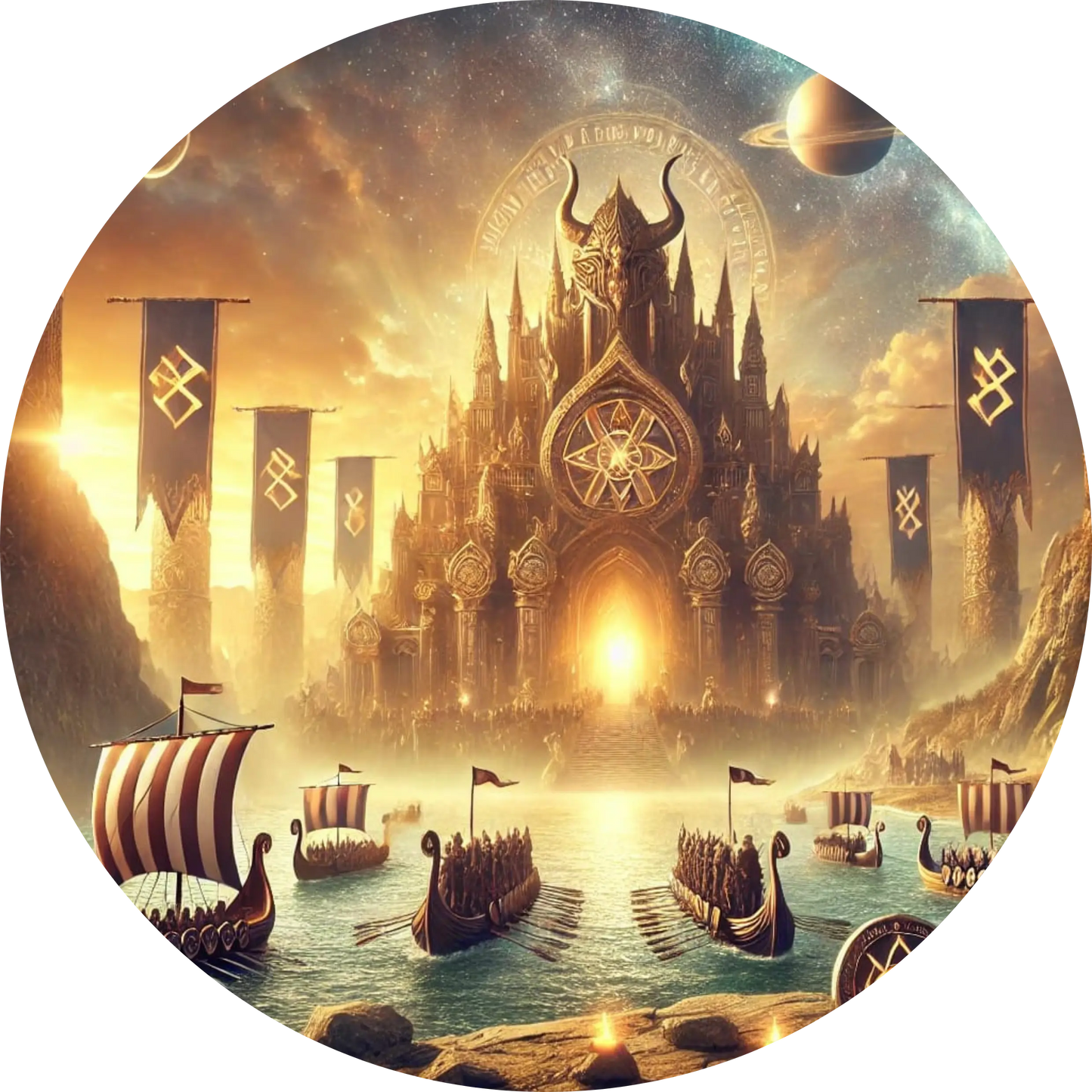 Große nordische Halle mit goldenen Bannern, Wikingerschiffen und strahlender Sonne über einem mythischen Eingang