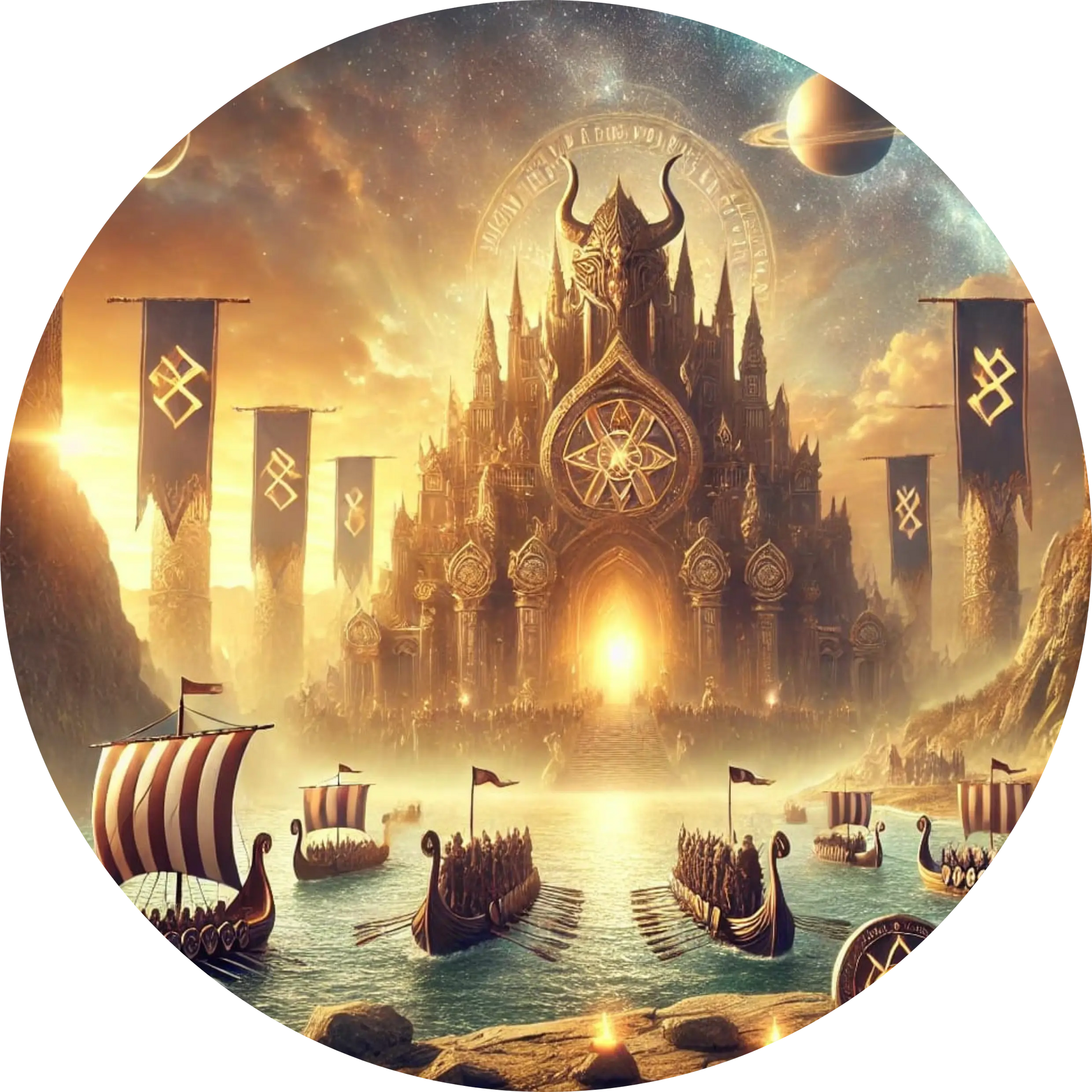 Große nordische Halle mit goldenen Bannern, Wikingerschiffen und strahlender Sonne über einem mythischen Eingang