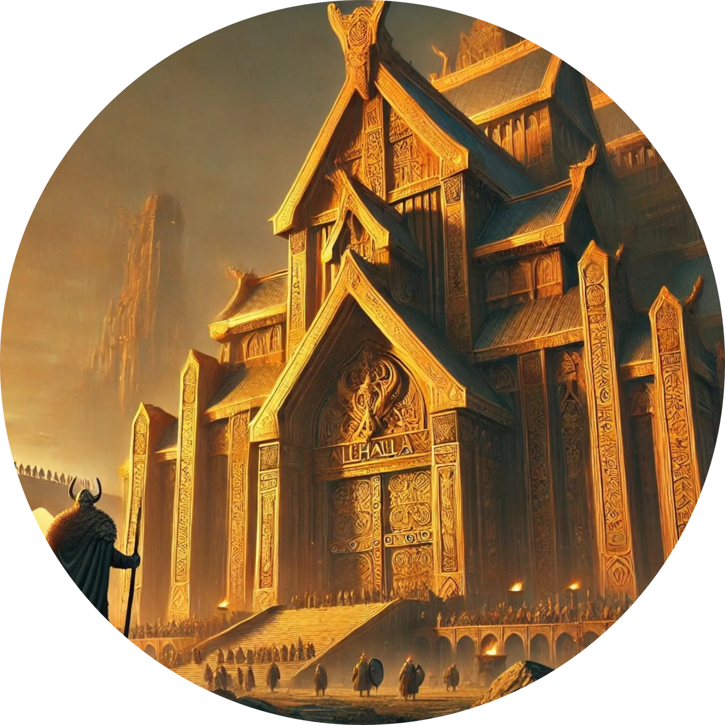 Nordische Tempelanlage aus Holz mit Abendlicht und goldenen Details