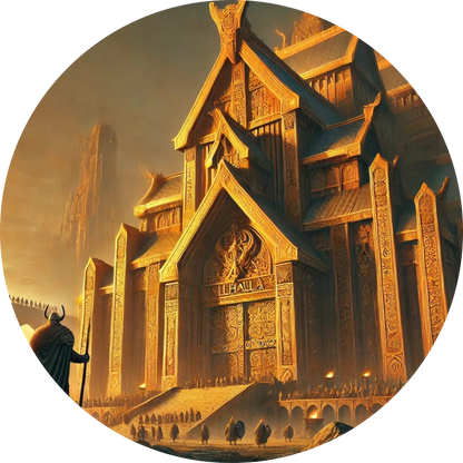 Nordische Tempelanlage aus Holz mit Abendlicht und goldenen Details