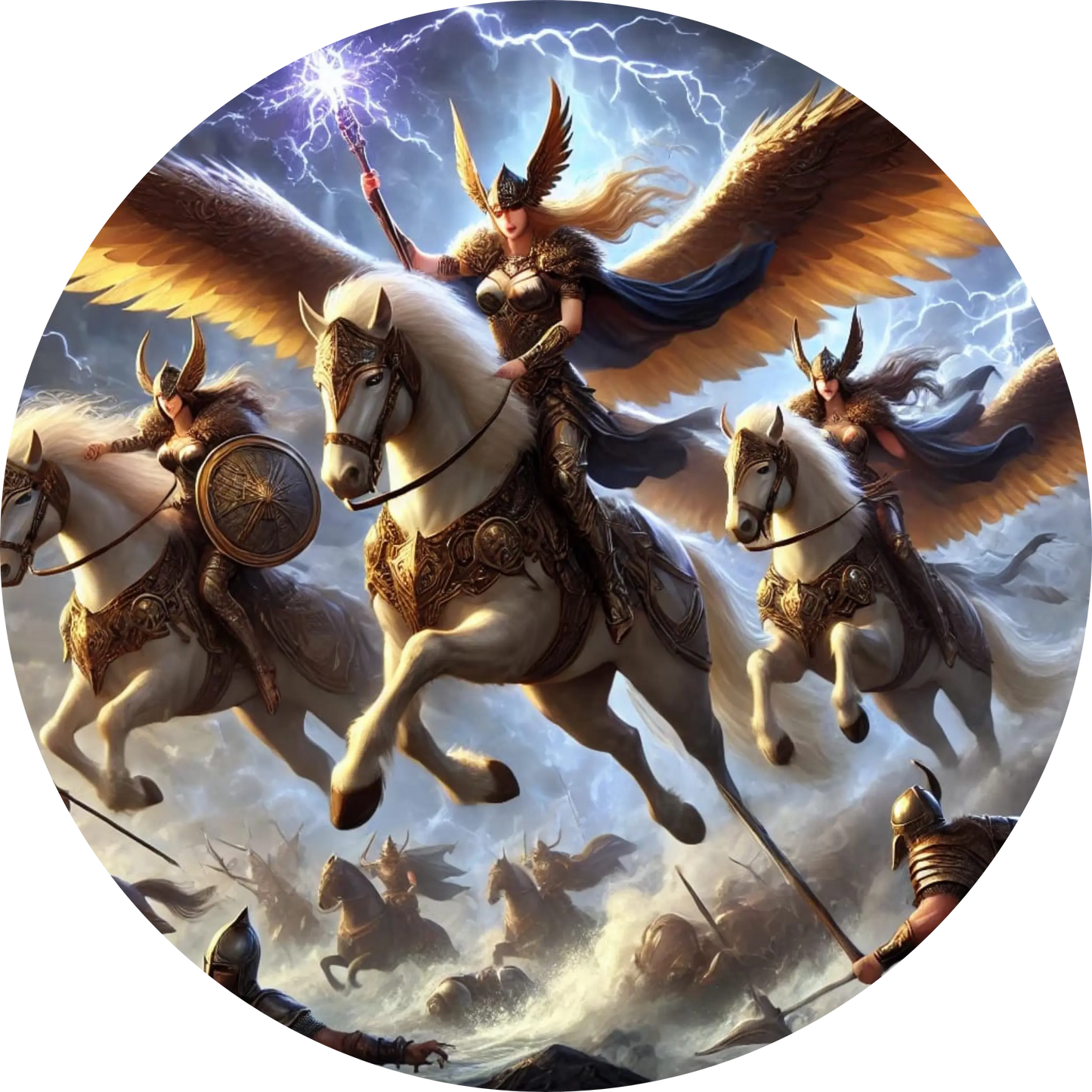 Walküren auf geflügelten Pferden reiten aus den Wolken herab – himmlische Kriegerinnen der nordischen Sagenwelt, bereit, gefallene Helden zu geleiten.