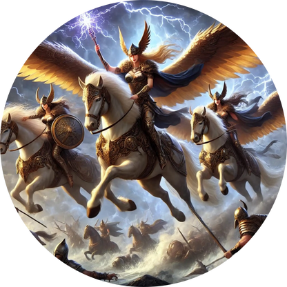 Walküren auf geflügelten Pferden reiten aus den Wolken herab – himmlische Kriegerinnen der nordischen Sagenwelt, bereit, gefallene Helden zu geleiten.