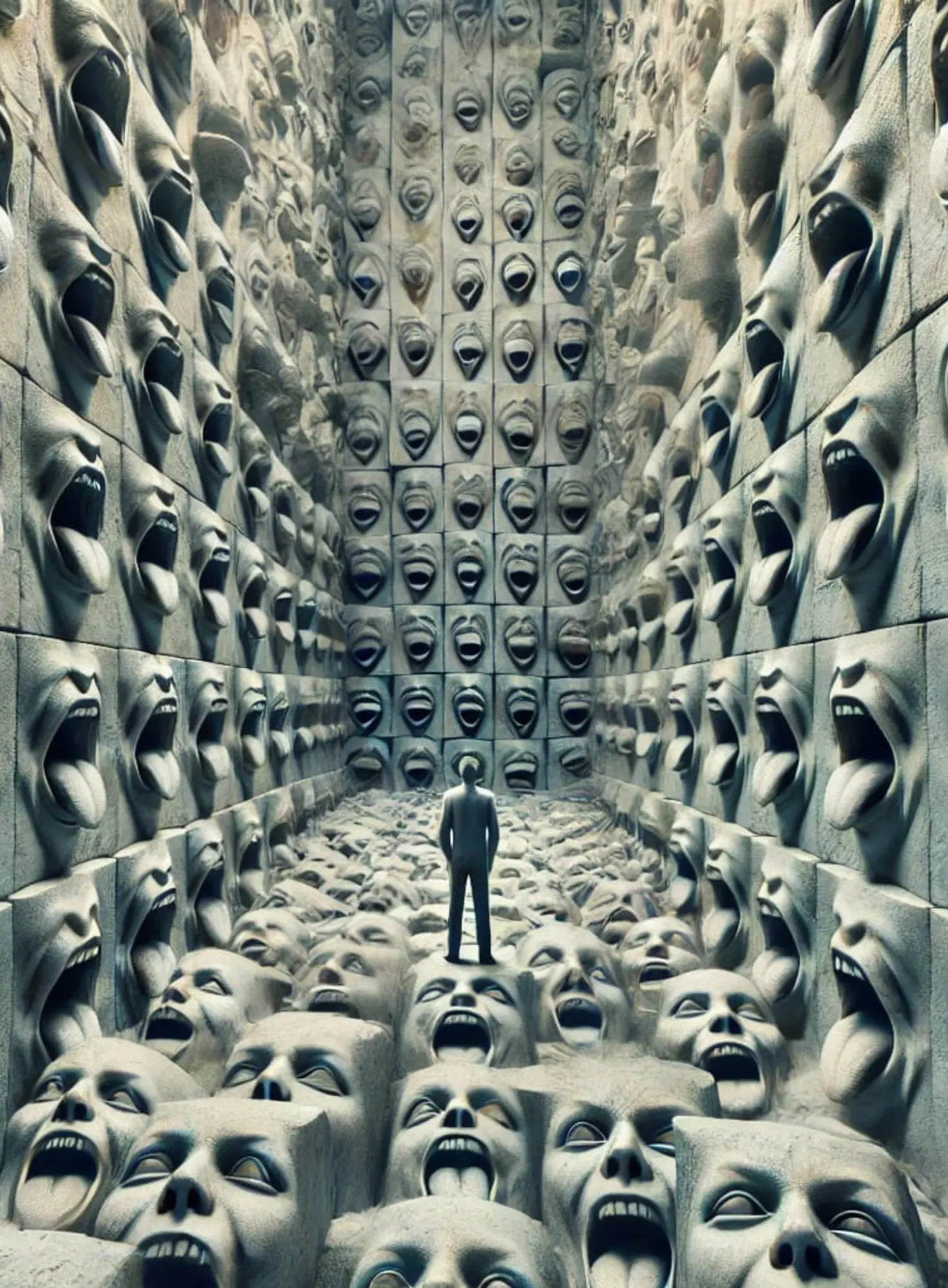 Surreale Flucht aus einem endlosen Tunnel aus schreienden Gesichtern – klaustrophobisches, psychologisches Horrorbild.