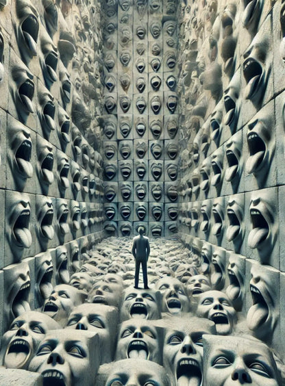 Surreale Flucht aus einem endlosen Tunnel aus schreienden Gesichtern – klaustrophobisches, psychologisches Horrorbild.