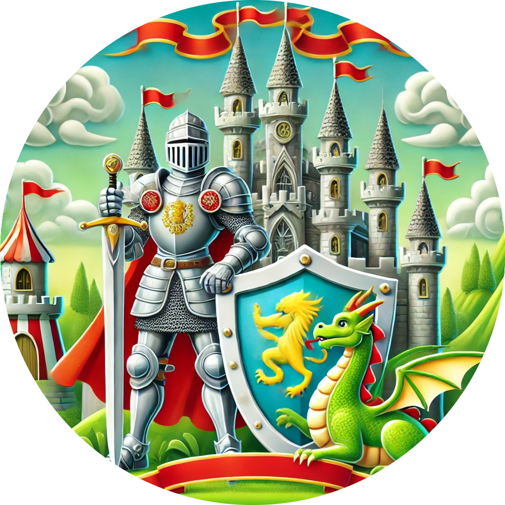 Kindgerechte Darstellung zweier Ritter mit Wappen und Schwert vor Schloss
