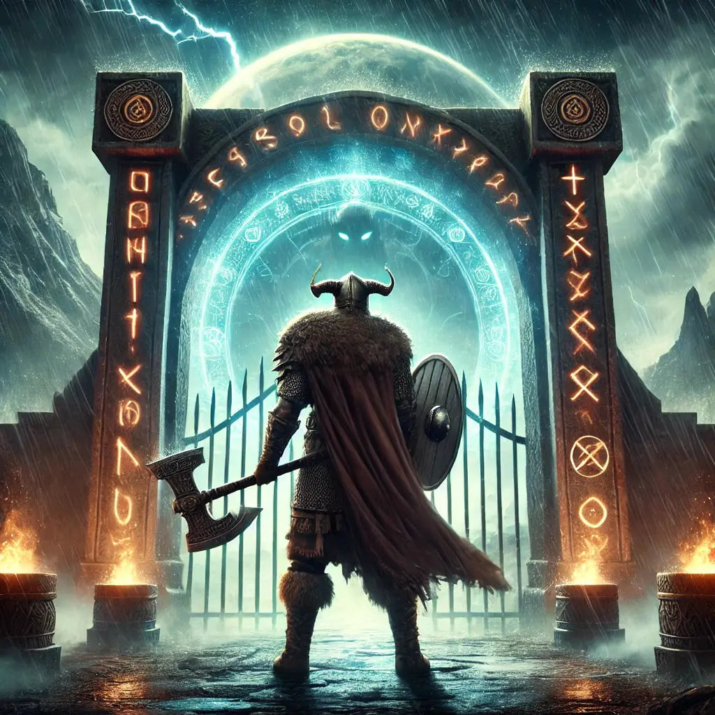 Nordischer Krieger mit Doppelaxt – Ein Wikingerkrieger in voller Rüstung mit gezückter Axt, kraftvoll und entschlossen vor dunklem Himmel.